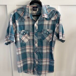 Vintage Wrangler Men's Blue and White Plaid Pearl Snap Button Down Shirt